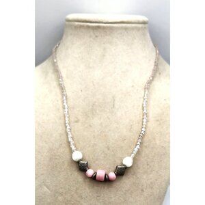 Clear, Pink, Metal, White Beaded Necklace